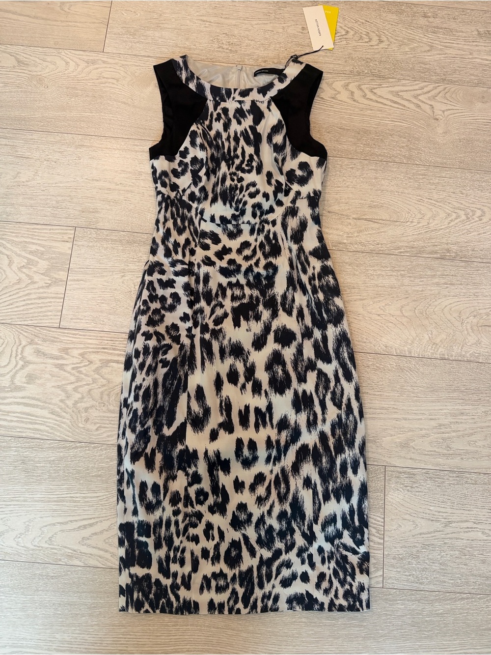 Karen Millen Sleeveless Leopard Print Sheath Dress in Black and Cream